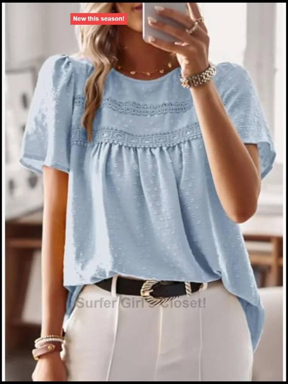 Crewneck Short Sleeve Chiffon Blouse Flowy Lace Hem Boho Tunic Top - Picture 4 of 7